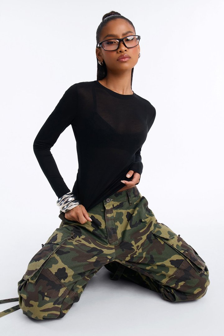 Sheer Touch Crew Neck Long Sleeve Top - Black