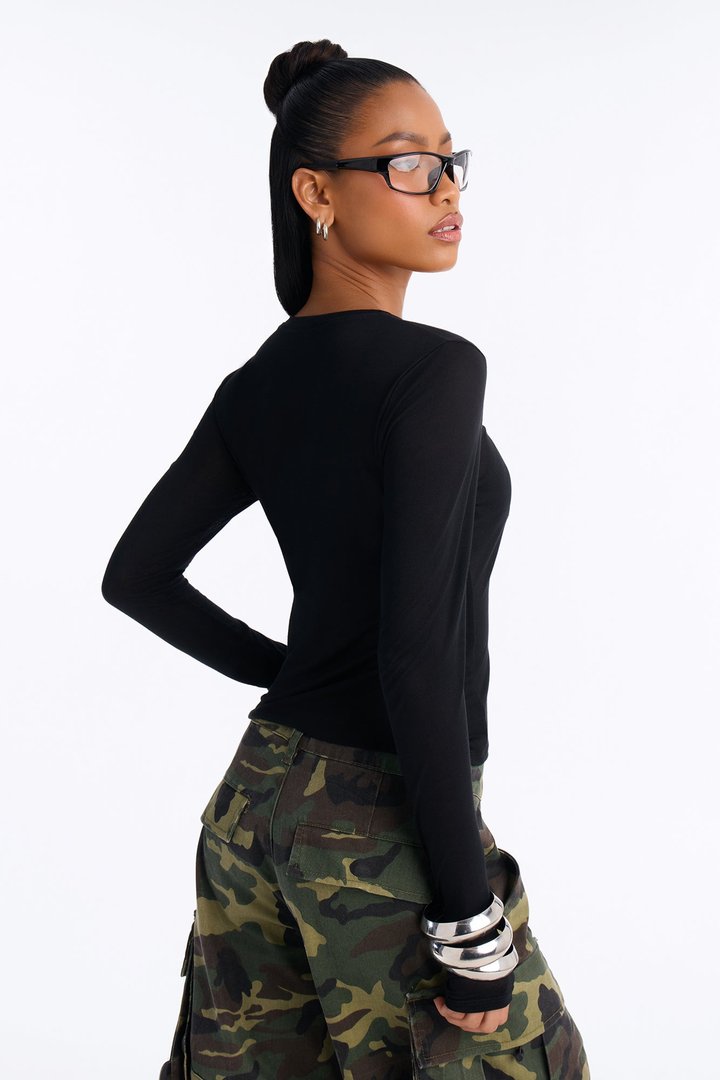 Sheer Touch Crew Neck Long Sleeve Top - Black