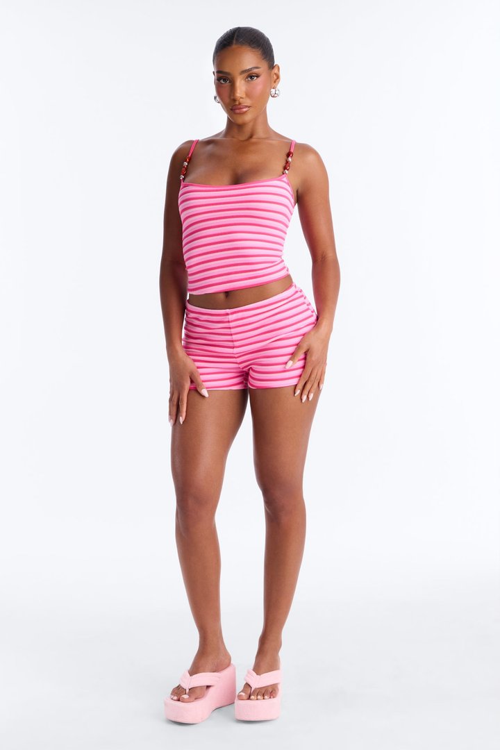 Summer Feeling Striped Terry Cloth Short Set - Hot Pink