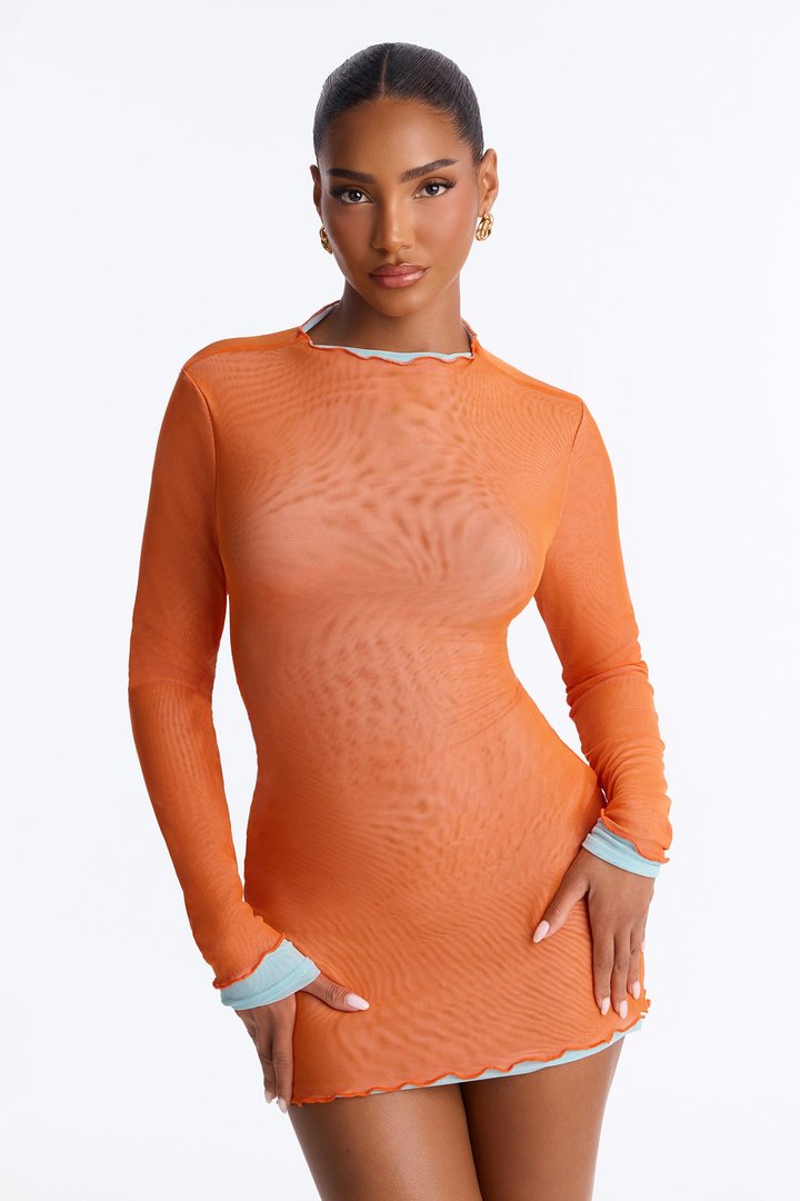 Skye Contrast Trim Mesh Mini Dress - Orange/combo
