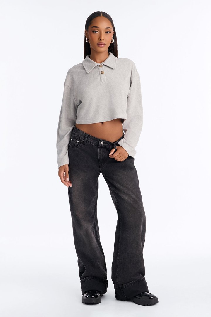 Evelyn Everyday Boxy Crop Polo Shirt - Heather Grey