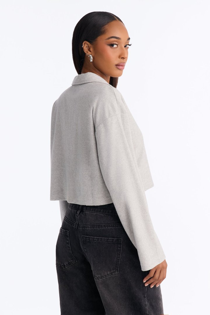 Evelyn Everyday Boxy Crop Polo Shirt - Heather Grey