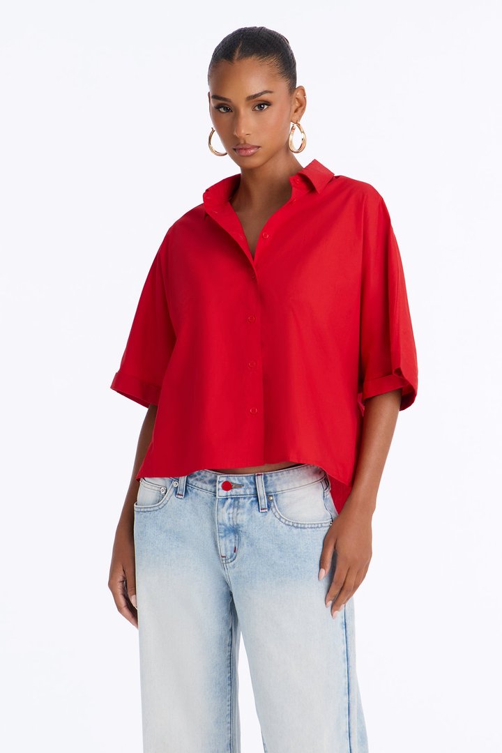 Sancie Oversized Poplin Button Up Shirt - Red