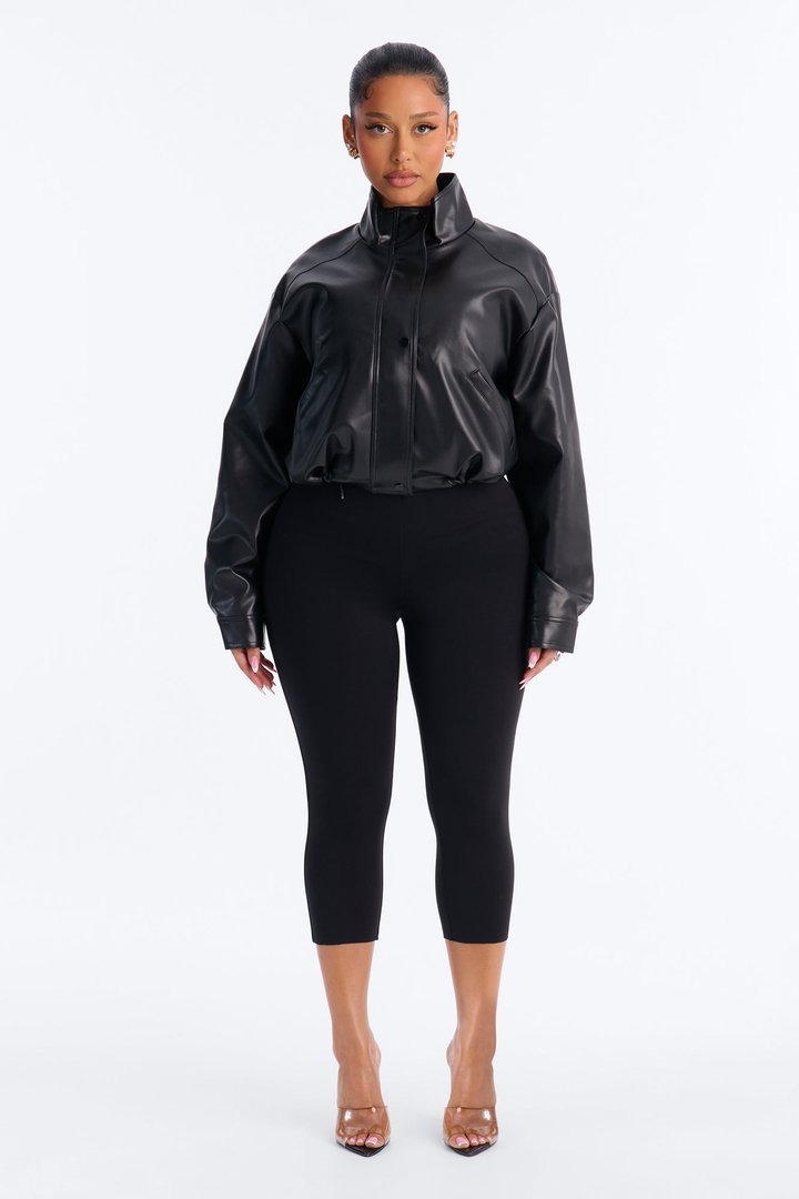 Francesca Faux Leather Funnel Neck Bomber Jacket - Black