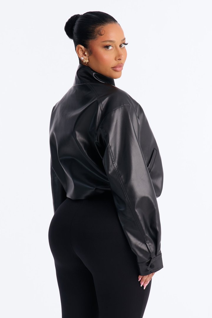 Francesca Faux Leather Funnel Neck Bomber Jacket - Black