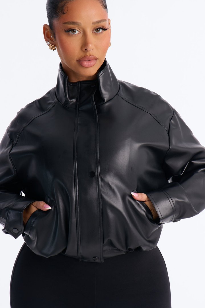 Francesca Faux Leather Funnel Neck Bomber Jacket - Black
