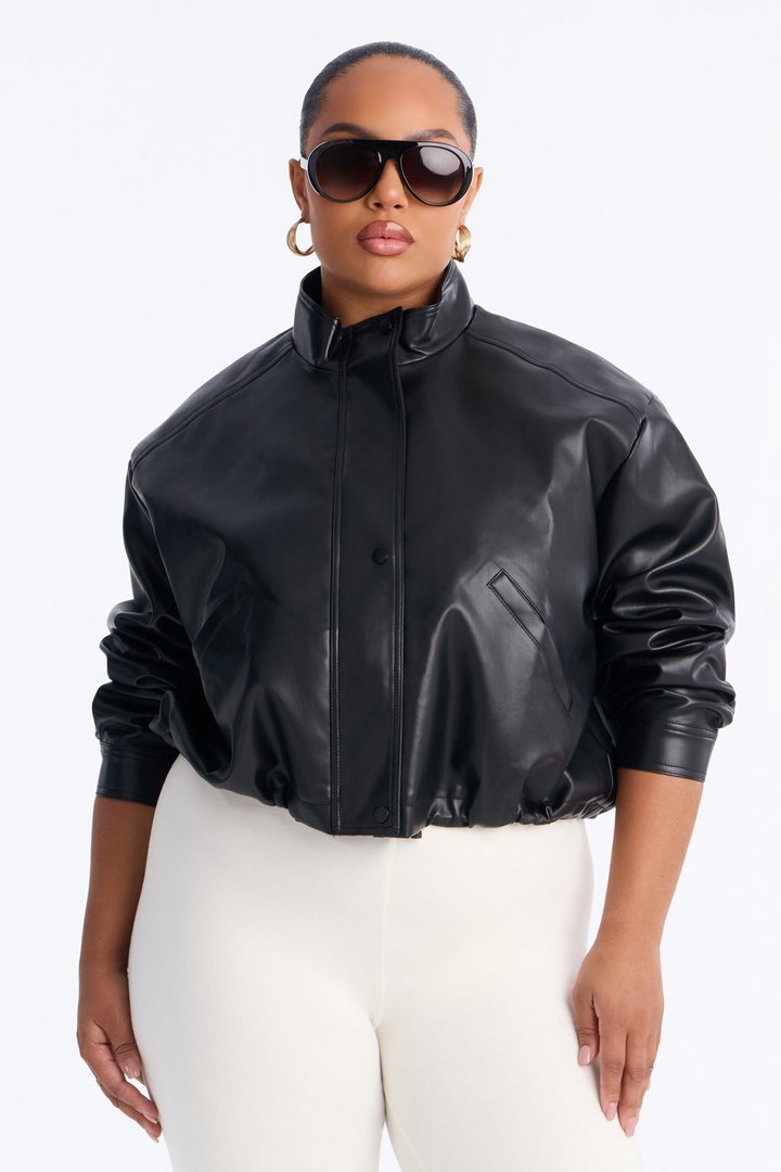 Francesca Faux Leather Funnel Neck Bomber Jacket - Black