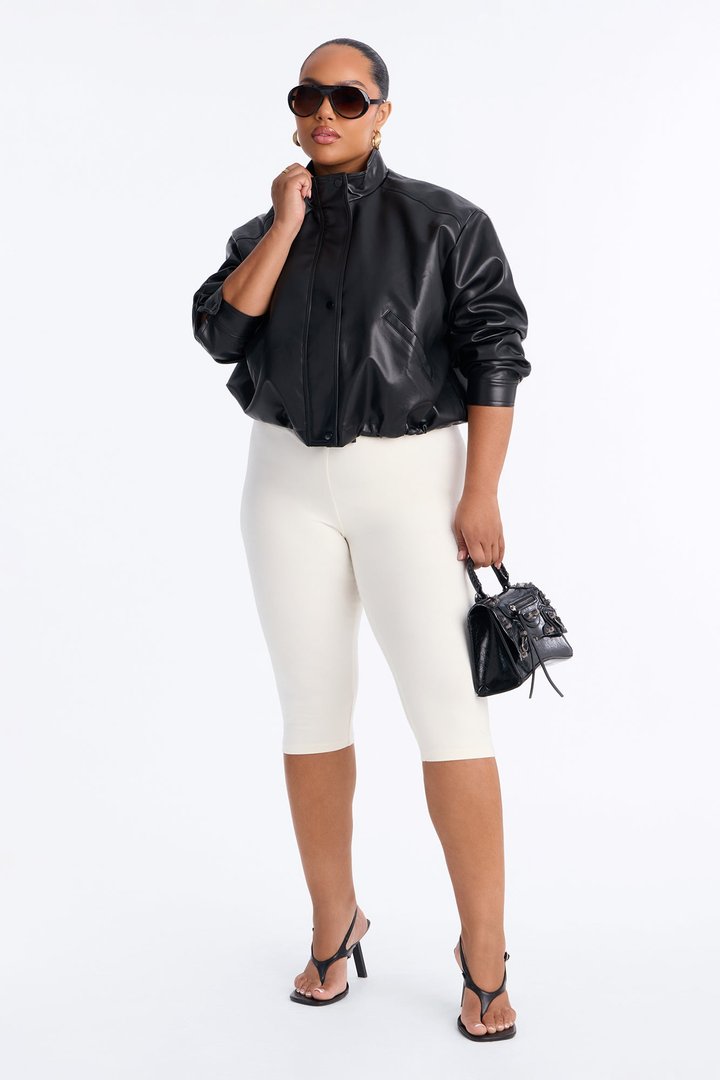 Francesca Faux Leather Funnel Neck Bomber Jacket - Black
