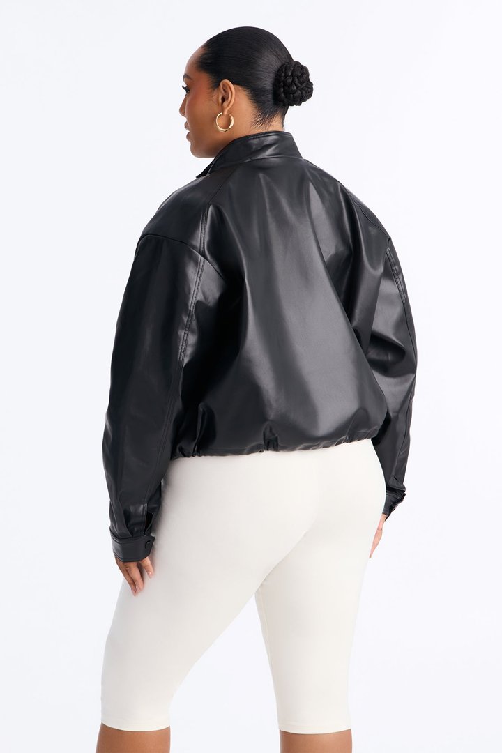 Francesca Faux Leather Funnel Neck Bomber Jacket - Black