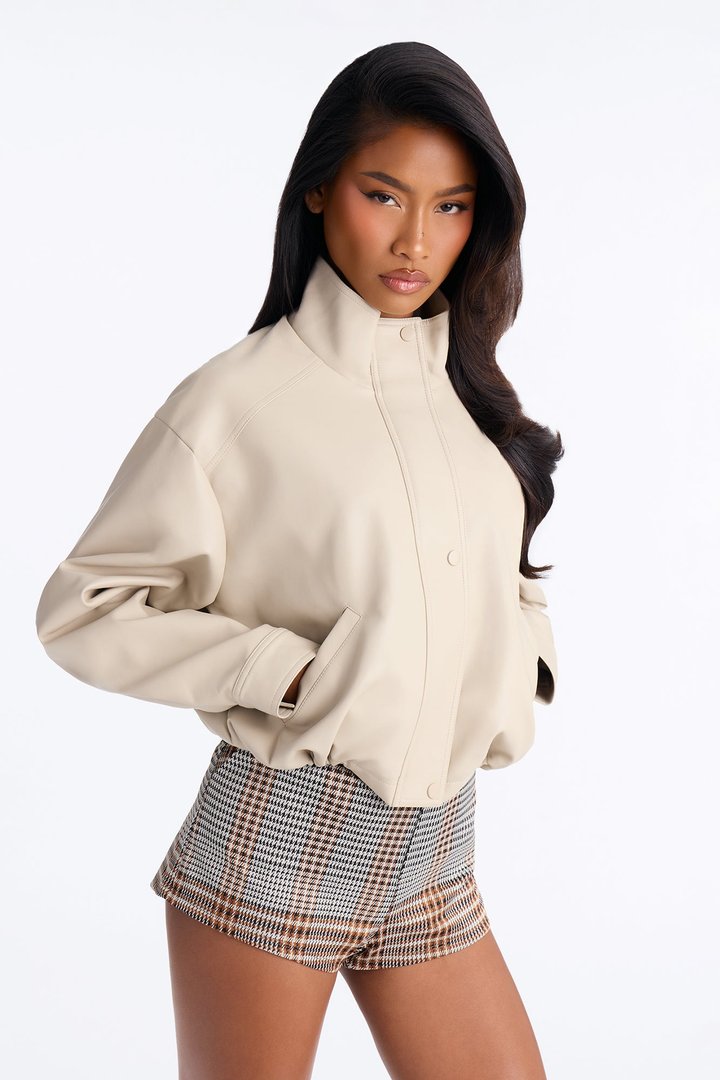 Francesca Faux Leather Funnel Neck Bomber Jacket - Stone