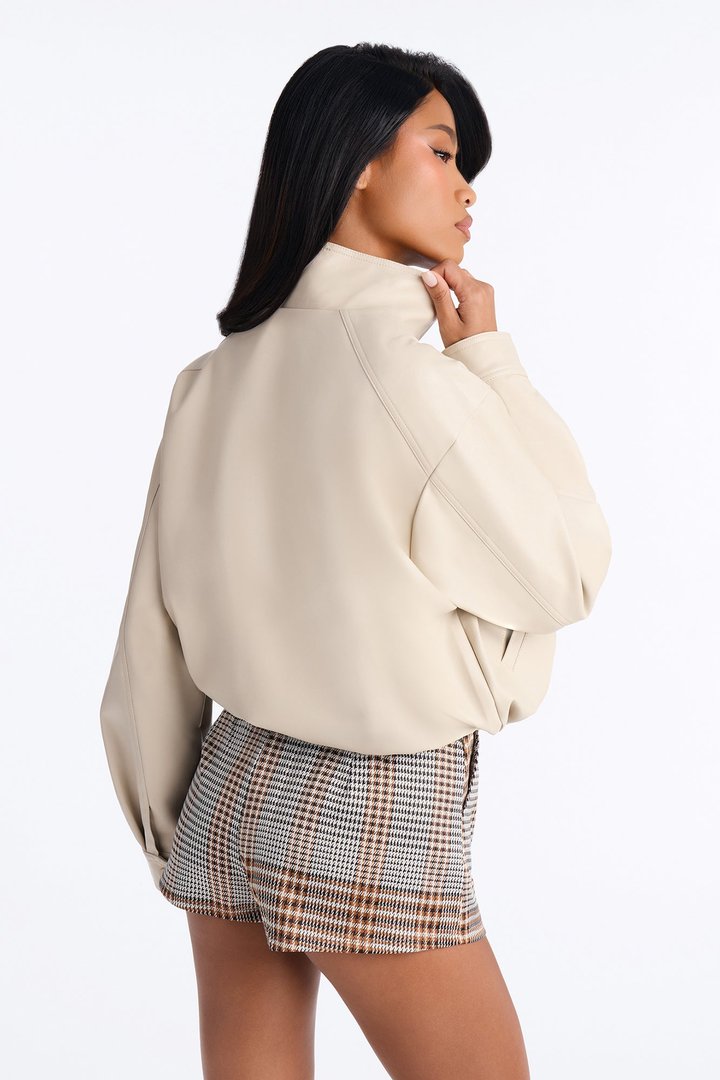 Francesca Faux Leather Funnel Neck Bomber Jacket - Stone