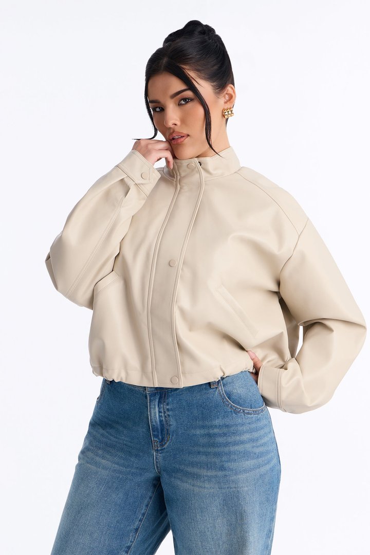 Francesca Faux Leather Funnel Neck Bomber Jacket - Stone