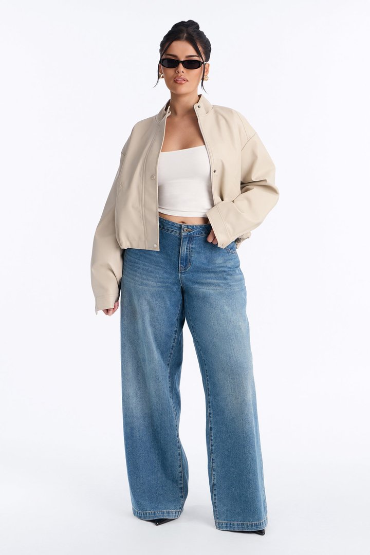 Francesca Faux Leather Funnel Neck Bomber Jacket - Stone