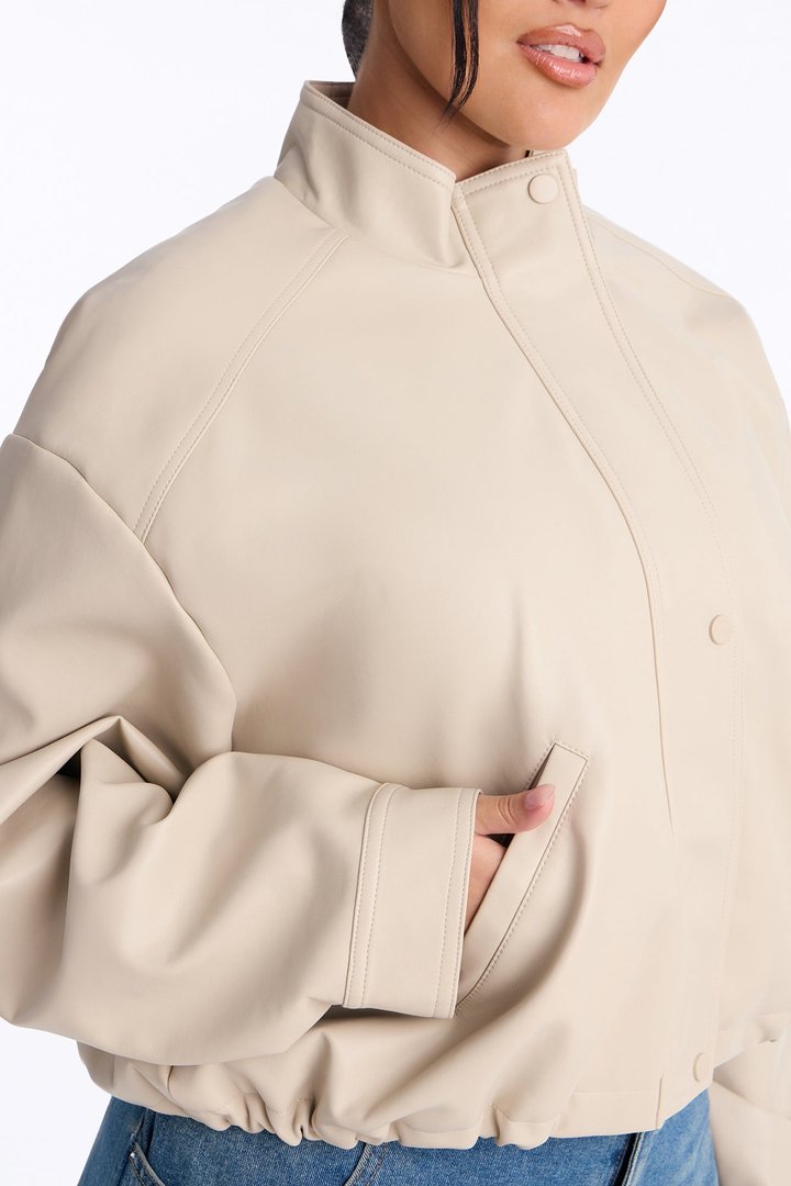 Francesca Faux Leather Funnel Neck Bomber Jacket - Stone