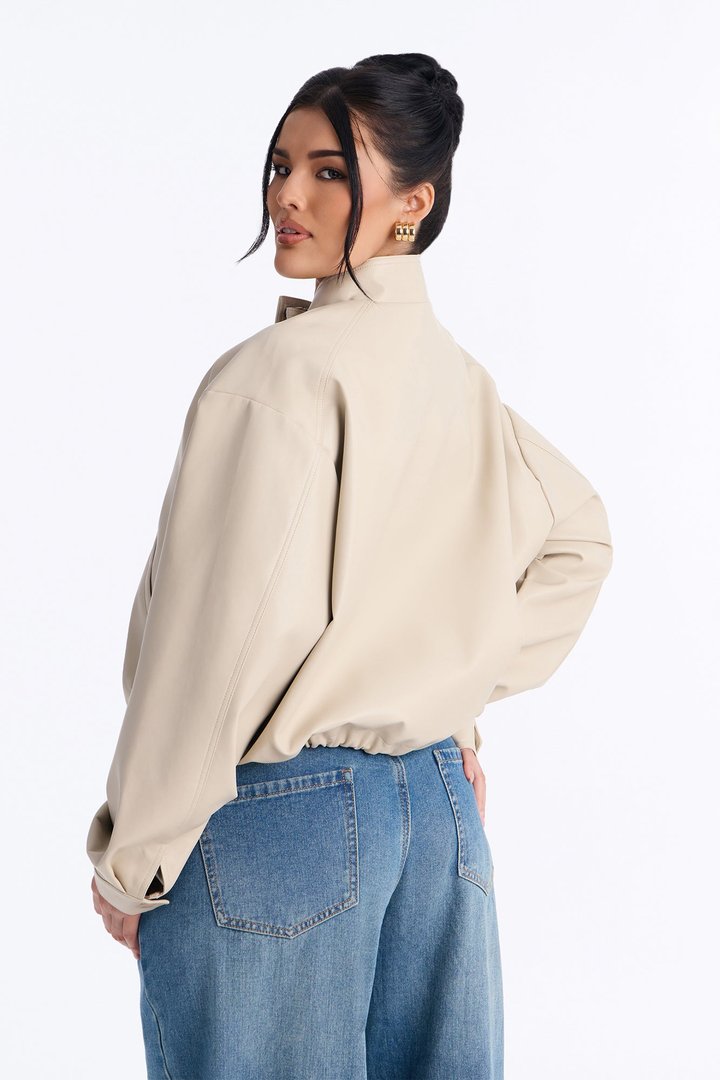 Francesca Faux Leather Funnel Neck Bomber Jacket - Stone