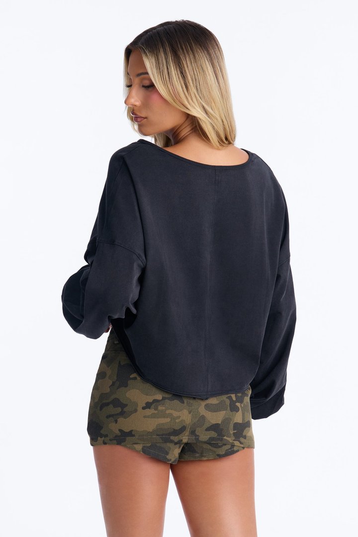 Lucy Washed Boxy Long Sleeve Top - Black