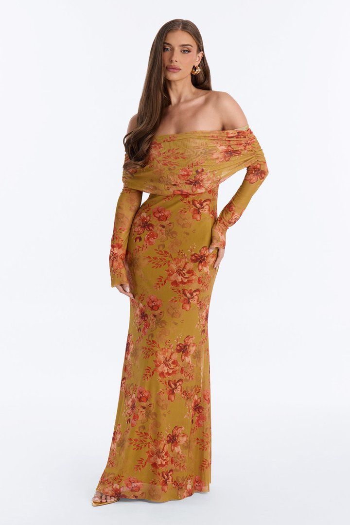 Marie Floral Mesh Maxi Dress - Mustard/combo