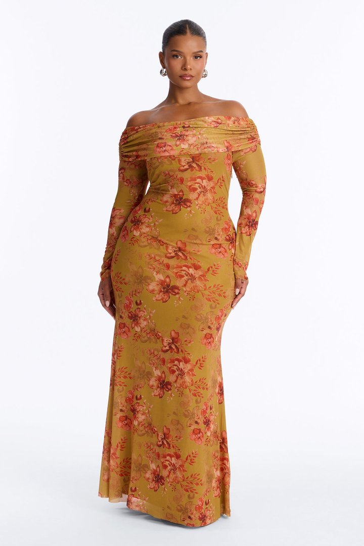 Marie Floral Mesh Maxi Dress - Mustard/combo