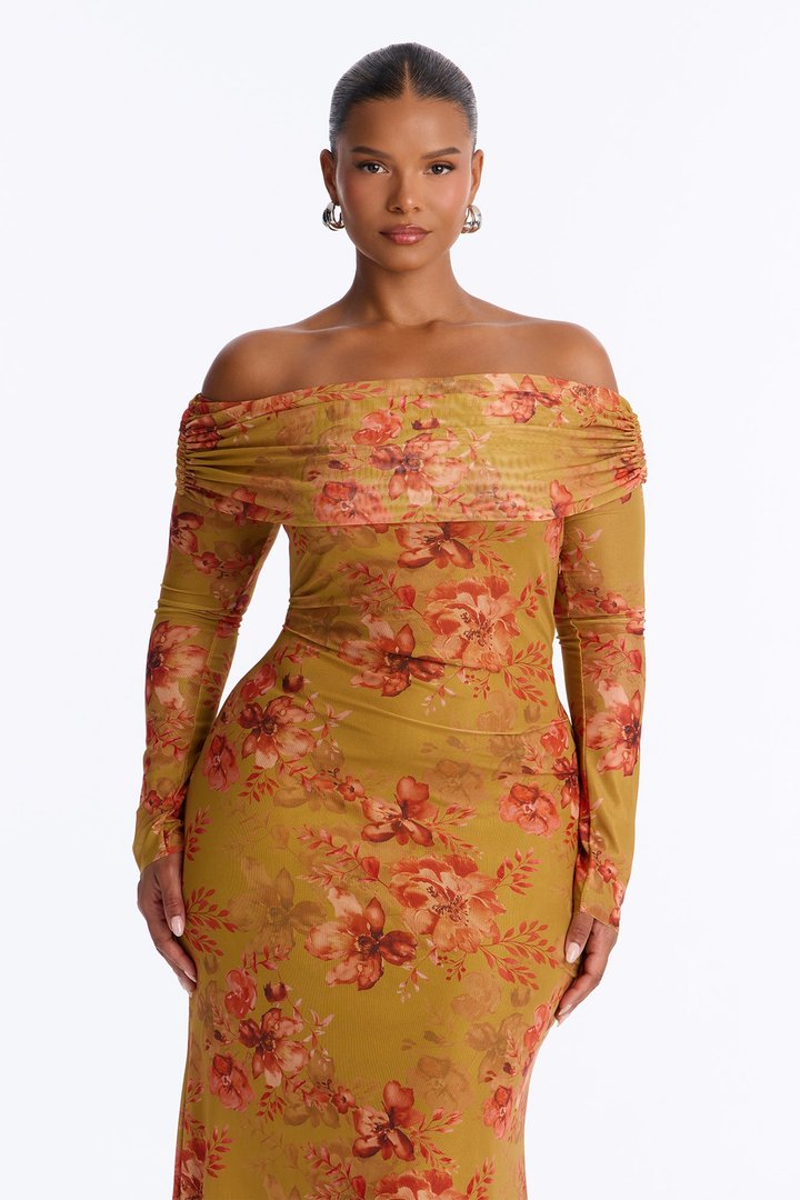 Marie Floral Mesh Maxi Dress - Mustard/combo