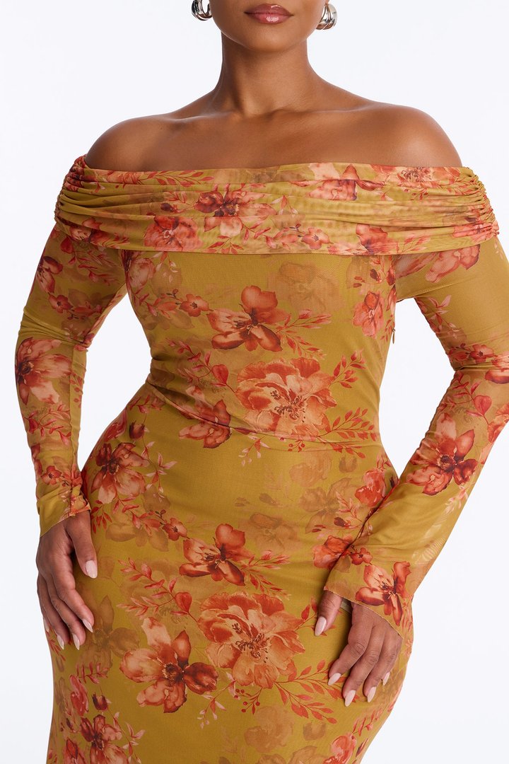 Marie Floral Mesh Maxi Dress - Mustard/combo