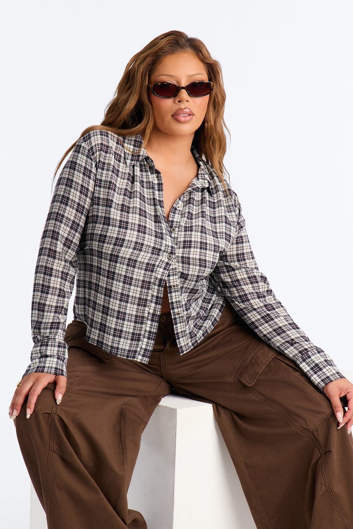 Leni Plaid Chiffon Long Sleeve Shirt - Black/combo
