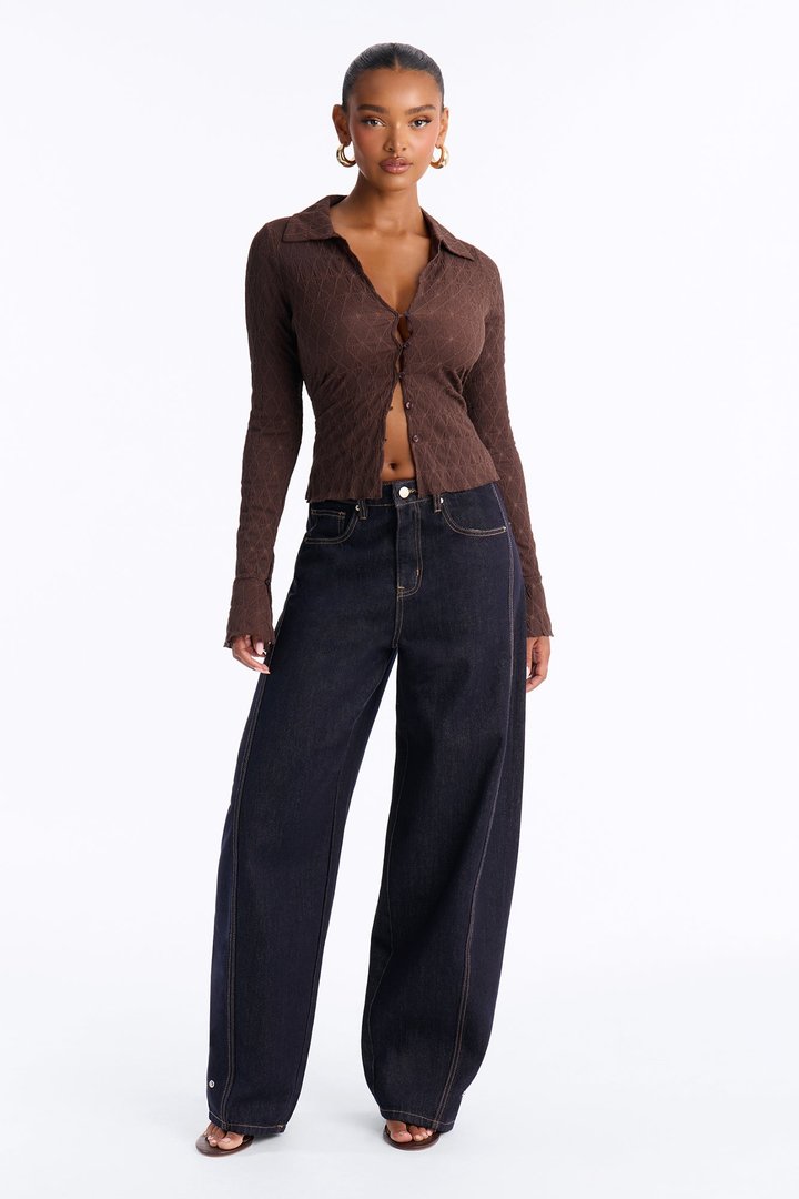 Sunni Textured Long Sleeve Button Up Top - Brown
