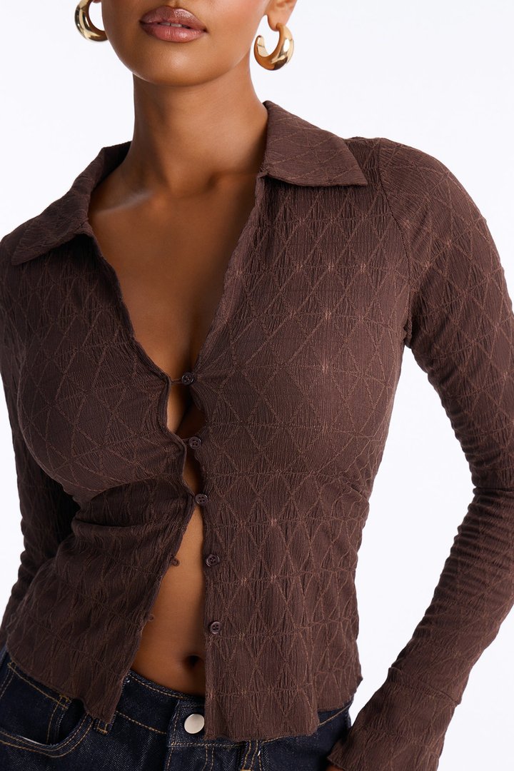 Sunni Textured Long Sleeve Button Up Top - Brown
