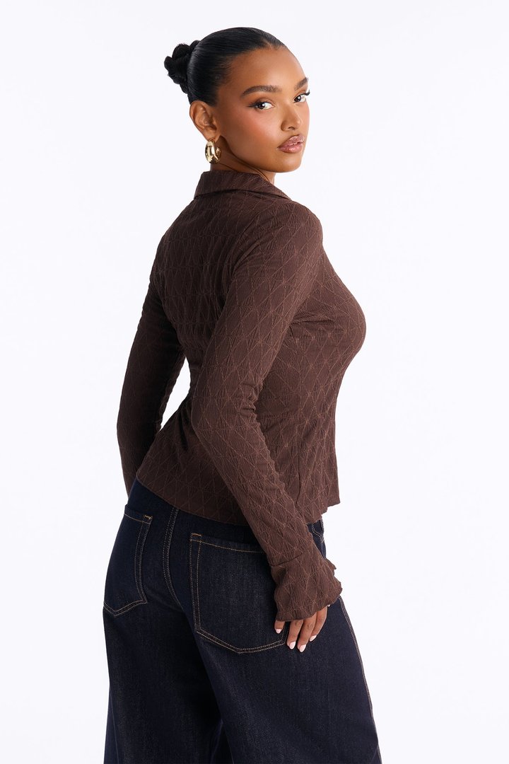 Sunni Textured Long Sleeve Button Up Top - Brown