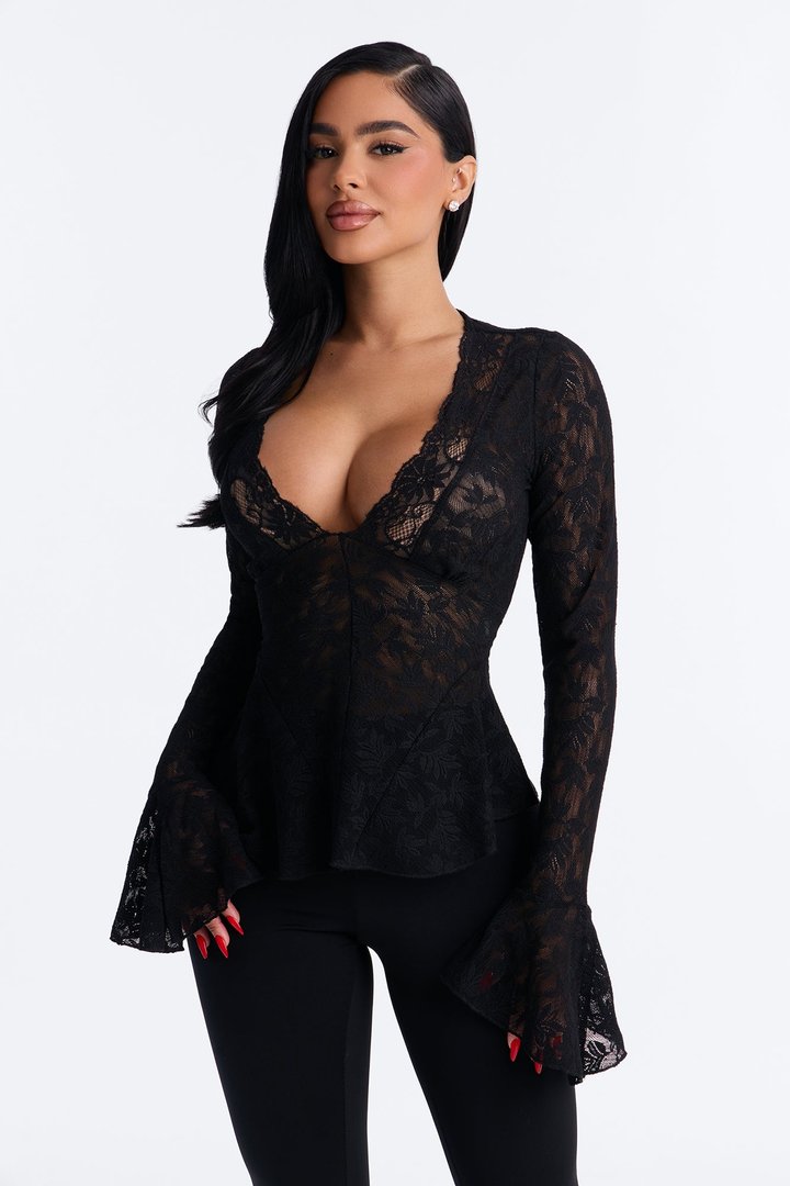 Marina Lace Long Bell Sleeve Top - Black