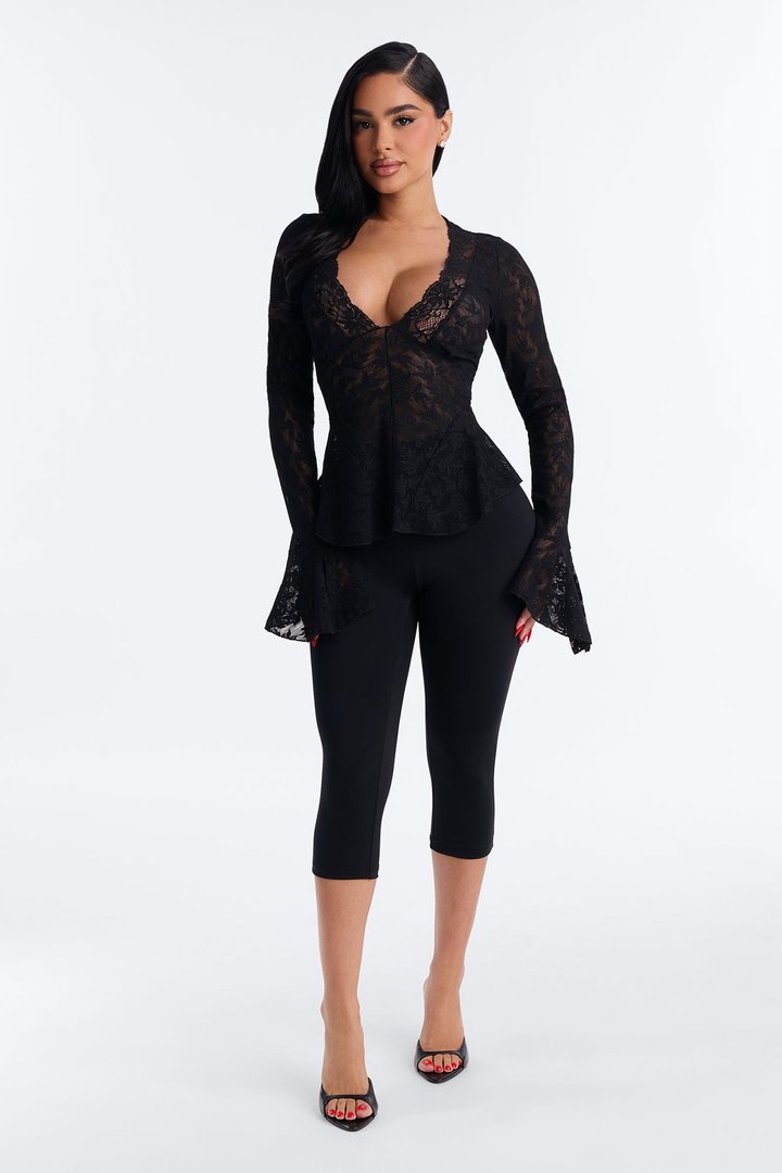 Marina Lace Long Bell Sleeve Top - Black