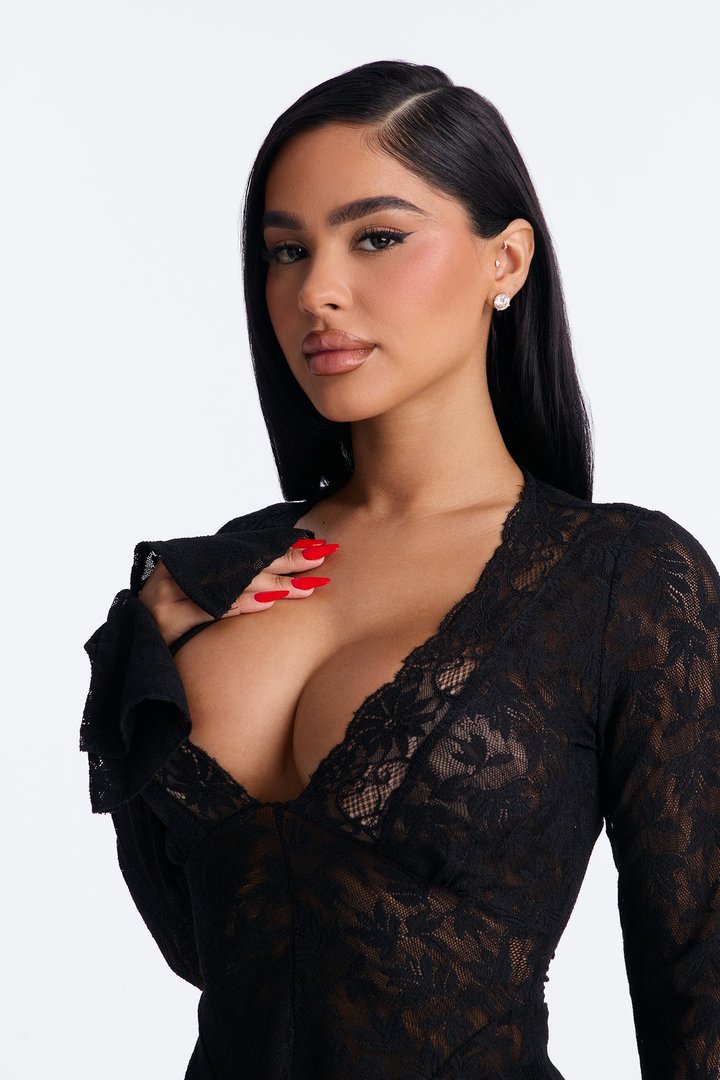 Marina Lace Long Bell Sleeve Top - Black