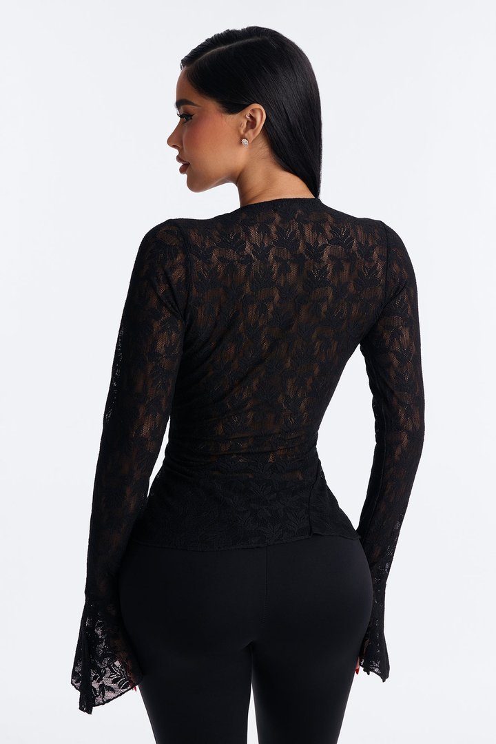 Marina Lace Long Bell Sleeve Top - Black
