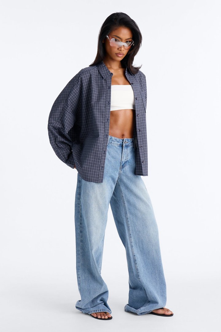 Amanza Plaid Poplin Long Sleeve Shirt - Navy/combo