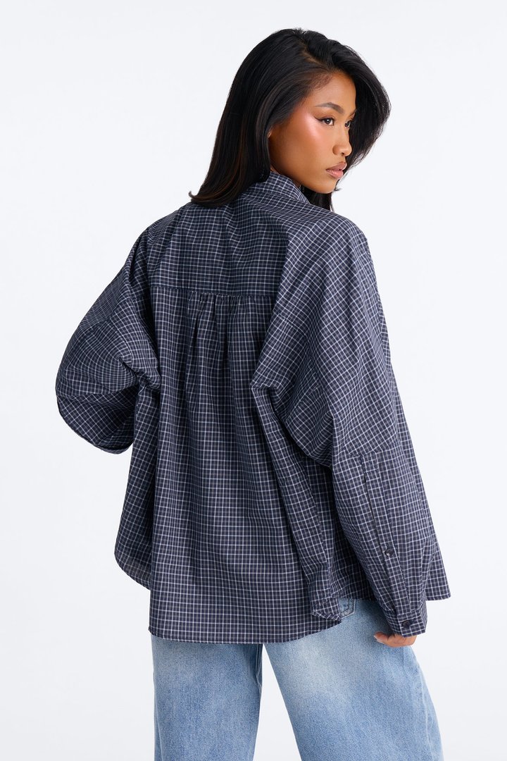 Amanza Plaid Poplin Long Sleeve Shirt - Navy/combo