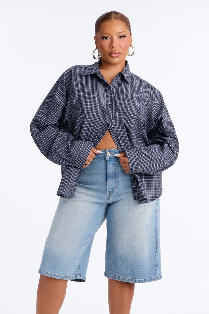 Amanza Plaid Poplin Long Sleeve Shirt - Navy/combo