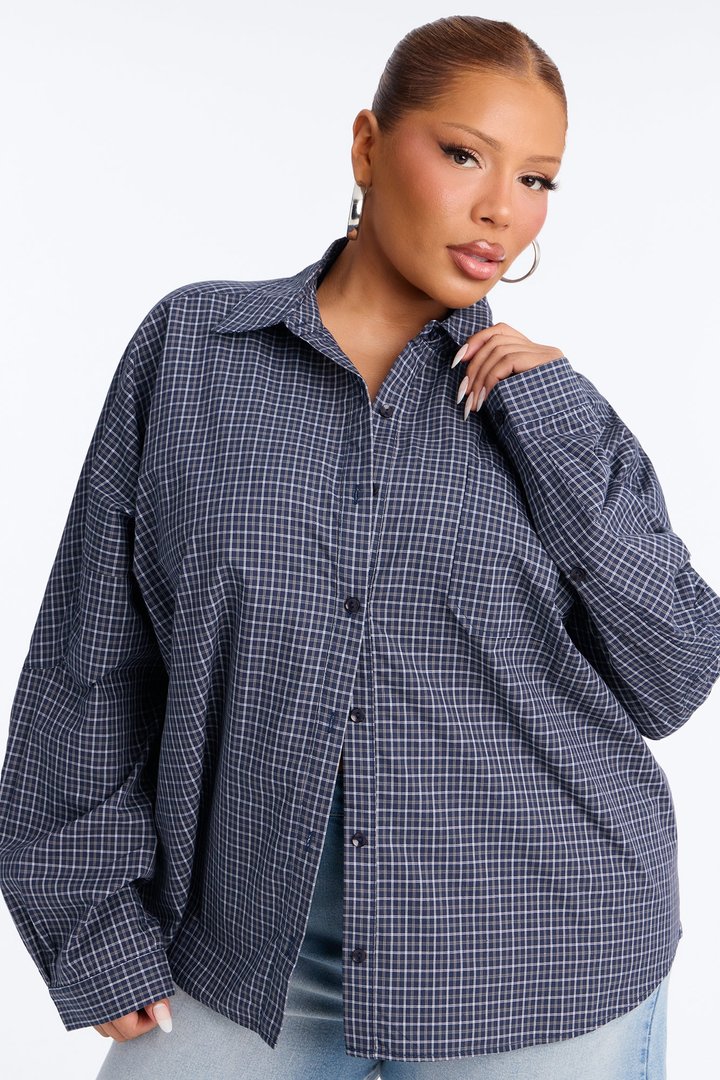 Amanza Plaid Poplin Long Sleeve Shirt - Navy/combo