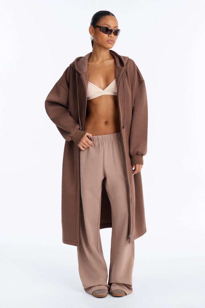 Sunday Lounge Fleece Hooded Long Jacket - Brown