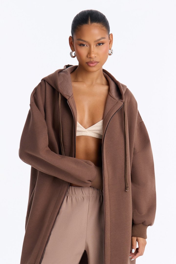Sunday Lounge Fleece Hooded Long Jacket - Brown