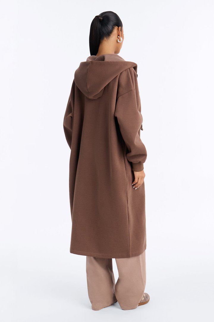 Sunday Lounge Fleece Hooded Long Jacket - Brown