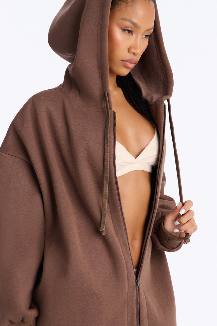 Sunday Lounge Fleece Hooded Long Jacket - Brown