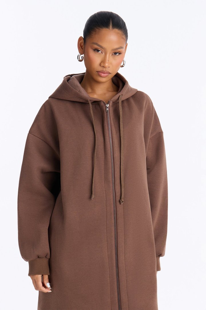 Sunday Lounge Fleece Hooded Long Jacket - Brown