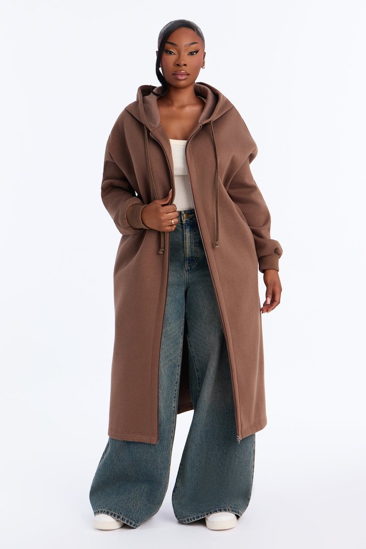 Sunday Lounge Fleece Hooded Long Jacket - Brown