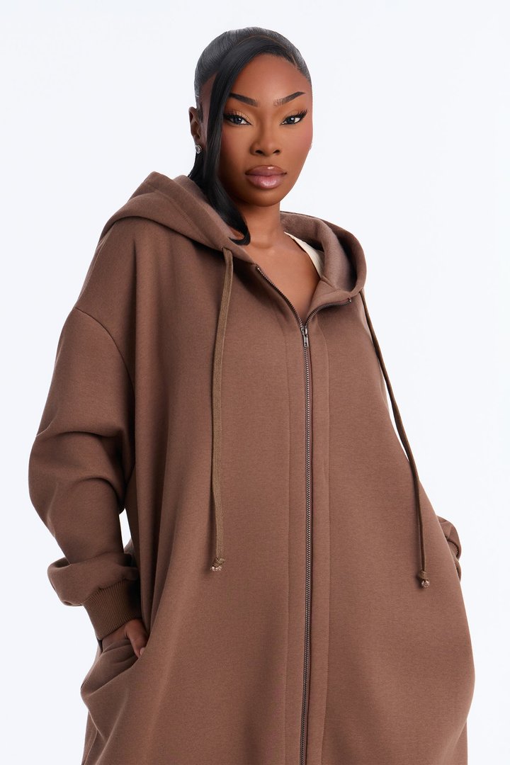 Sunday Lounge Fleece Hooded Long Jacket - Brown