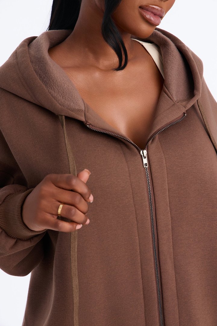 Sunday Lounge Fleece Hooded Long Jacket - Brown