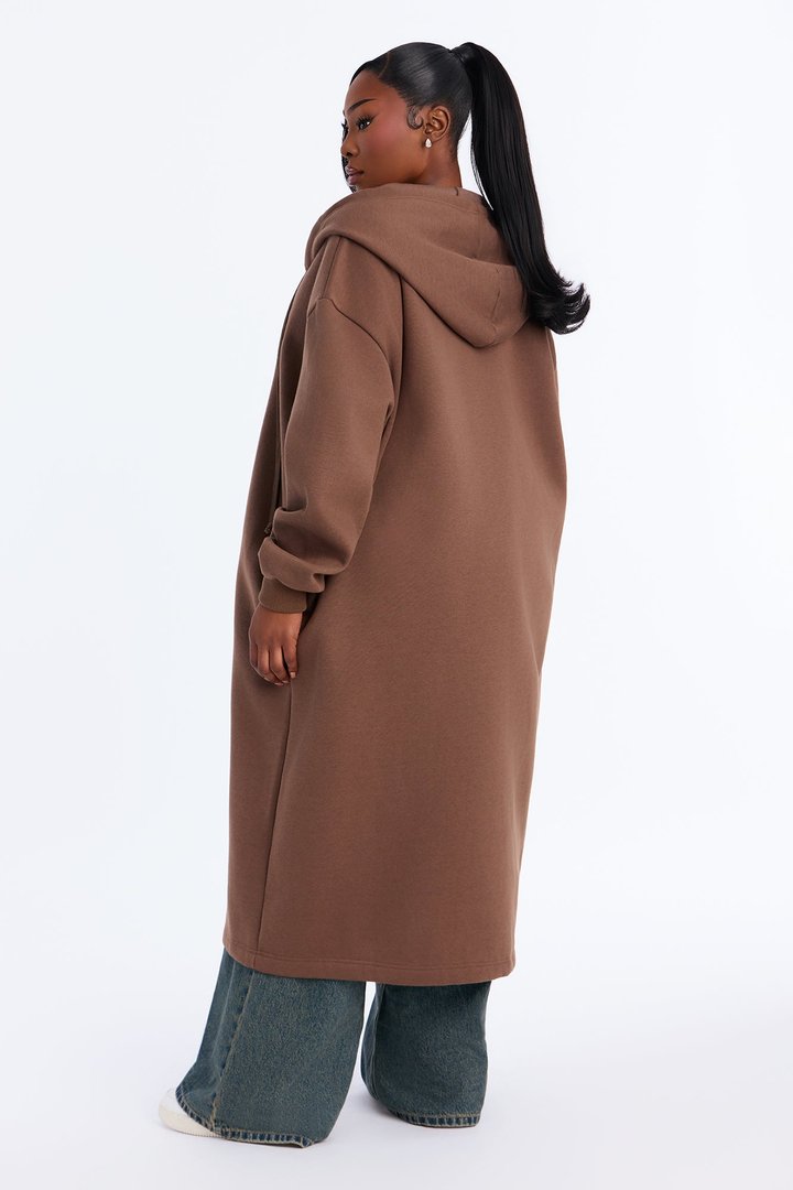 Sunday Lounge Fleece Hooded Long Jacket - Brown