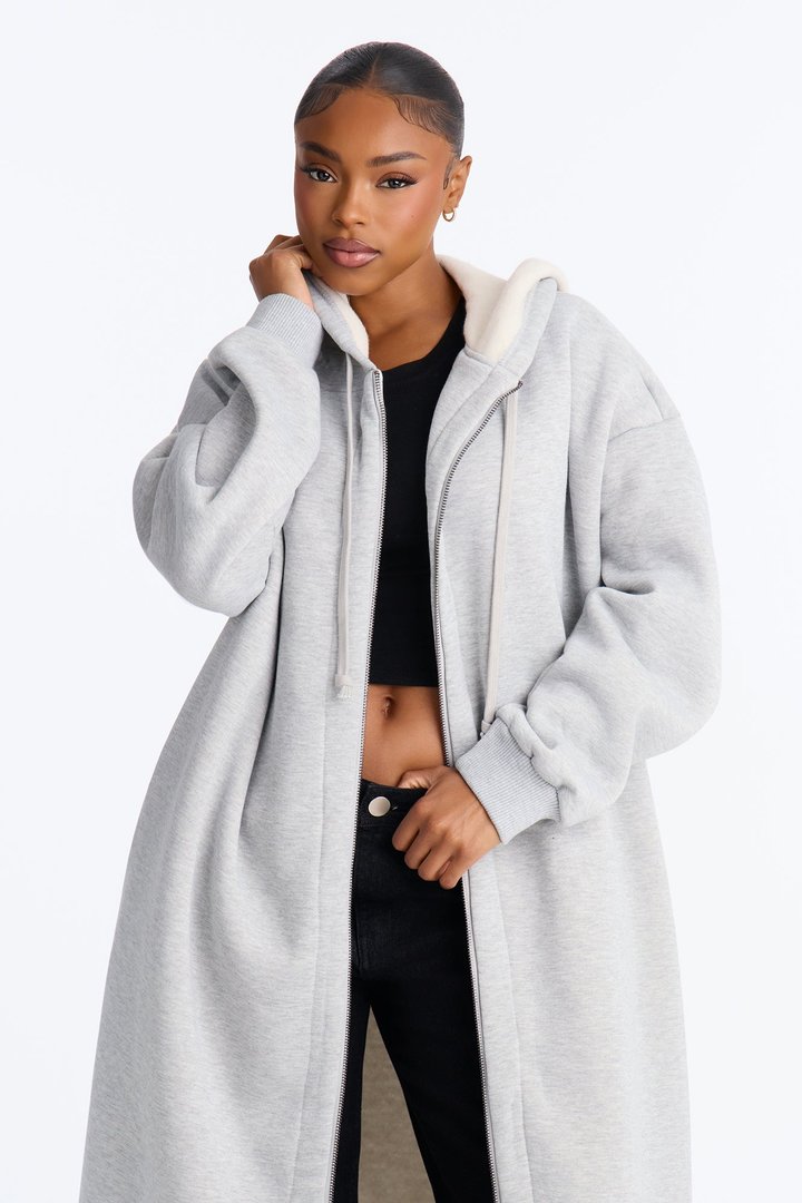 Sunday Lounge Fleece Hooded Long Jacket - Heather Grey