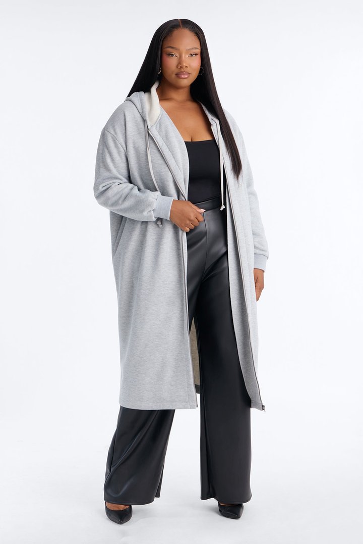 Sunday Lounge Fleece Hooded Long Jacket - Heather Grey