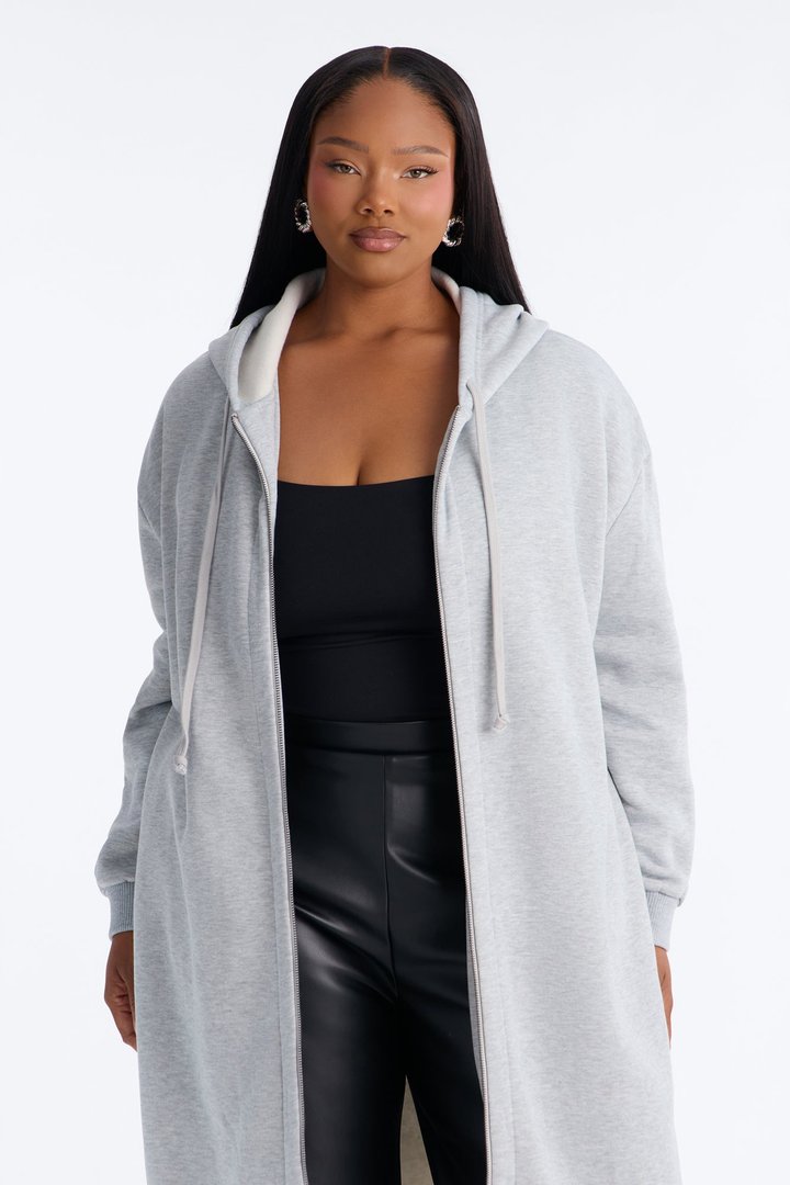 Sunday Lounge Fleece Hooded Long Jacket - Heather Grey