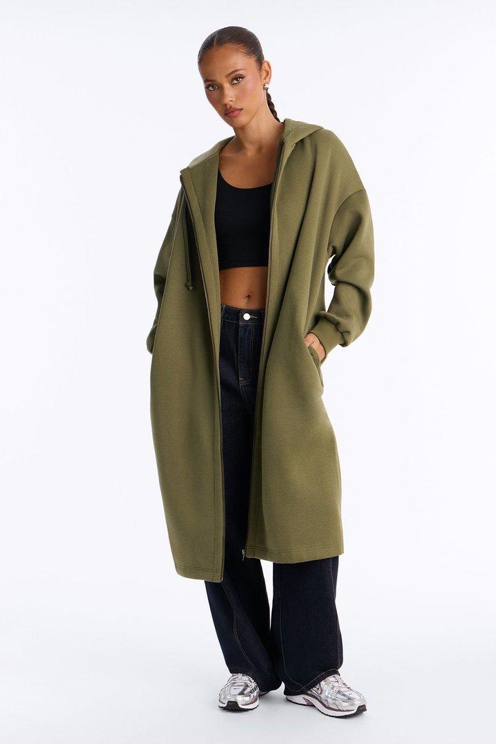 Sunday Lounge Fleece Hooded Long Jacket - Olive