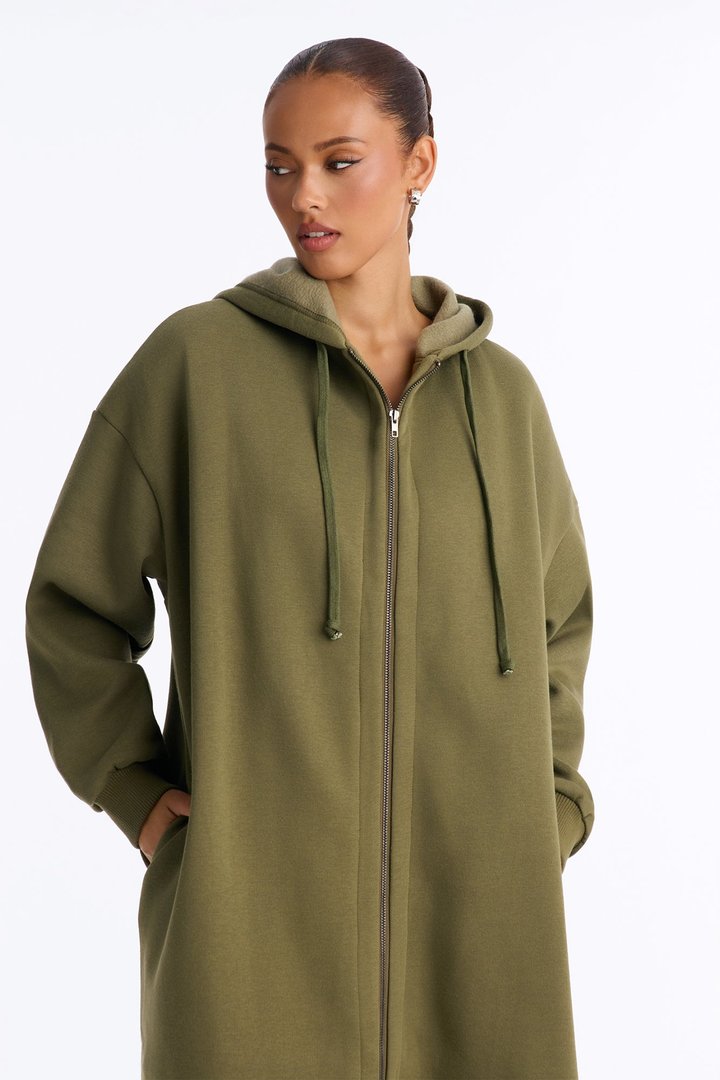 Sunday Lounge Fleece Hooded Long Jacket - Olive